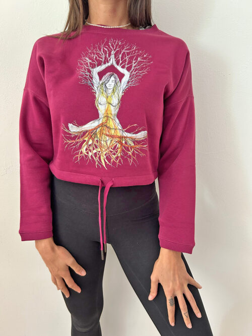 Women's oversize cropped round neck sweatshirt - Chakra tree of life