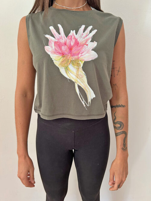Women's crop T-shirt "Lotus Mudra" Organic Khaki